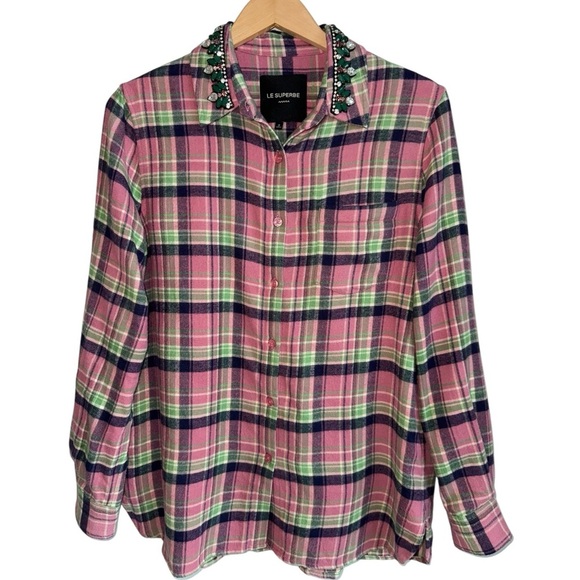 LE SUPERBE Rhinestone Collar Flannel Plaid Button Down Shirt | Cowgirl | Pink 2 - Picture 11 of 11
